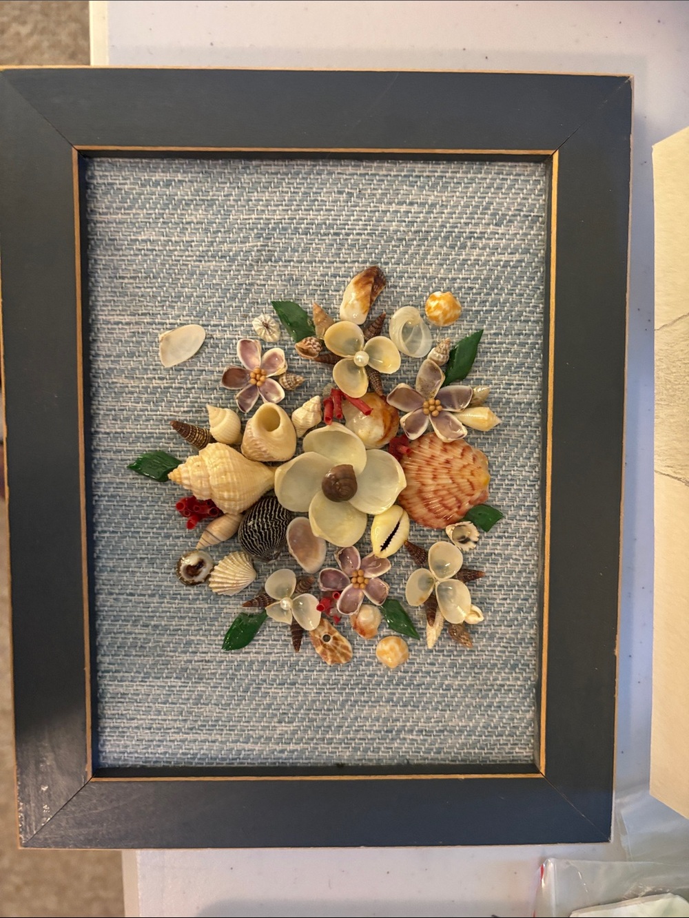 Handcrafted Sea Shell Floral Wall Art - Blue Frame